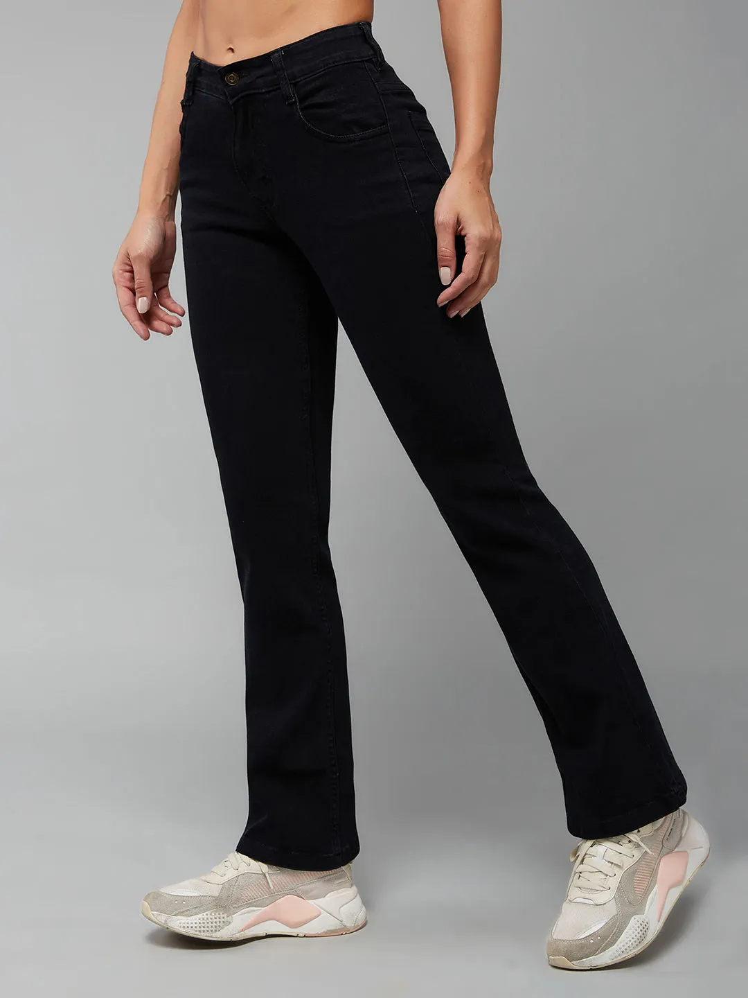 24/7 Comfort Black Bell Bottom Semi-Bootcut Mid Rise Stretchable Denim Jeans