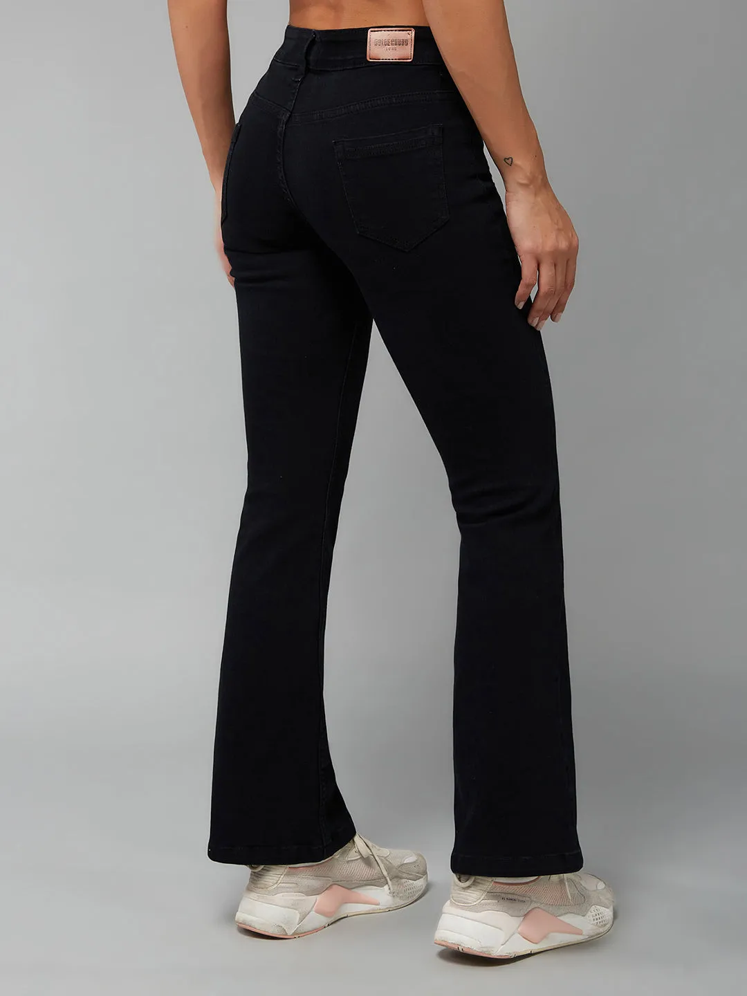 24/7 Comfort Black Bell Bottom Semi-Bootcut Mid Rise Stretchable Denim Jeans