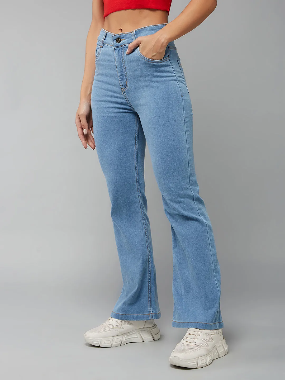 24/7 Comfort Women's Light Blue Bell Bottom Bootcut High Rise Stretchable Denim Light Weight Jeans