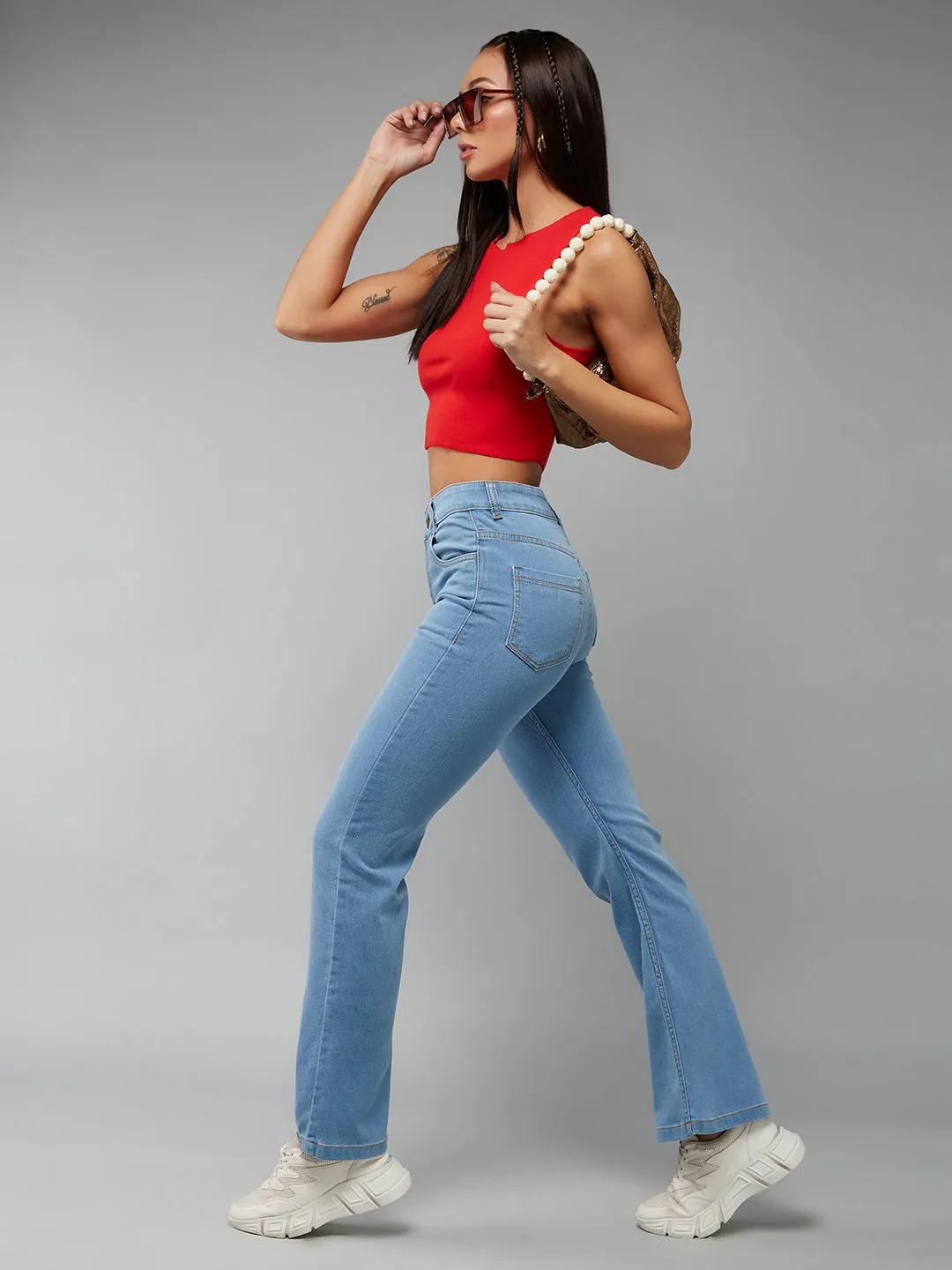 24/7 Comfort Women's Light Blue Bell Bottom Bootcut High Rise Stretchable Denim Light Weight Jeans