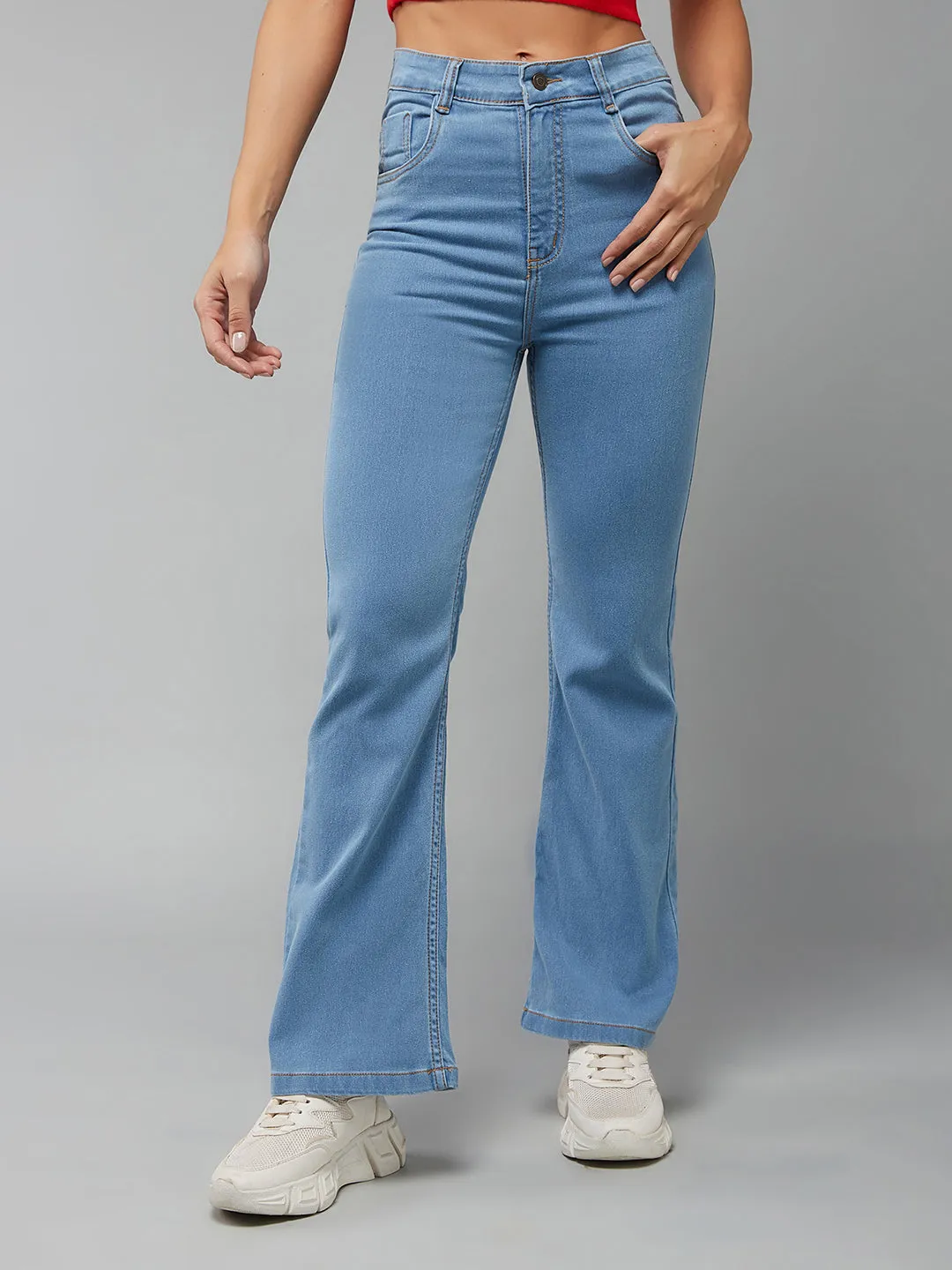 24/7 Comfort Women's Light Blue Bell Bottom Bootcut High Rise Stretchable Denim Light Weight Jeans