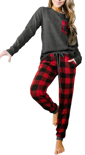 Artfish Women's Loungewear Outfits Pjs Long Sleeve Tops and Buffalo Plaid Joggers Pants Pajamas Set with Pockets (Black-Red Plaid,XL)