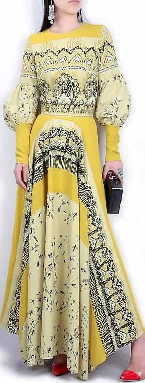 Balloon-Sleeve Printed Gown, Yellow