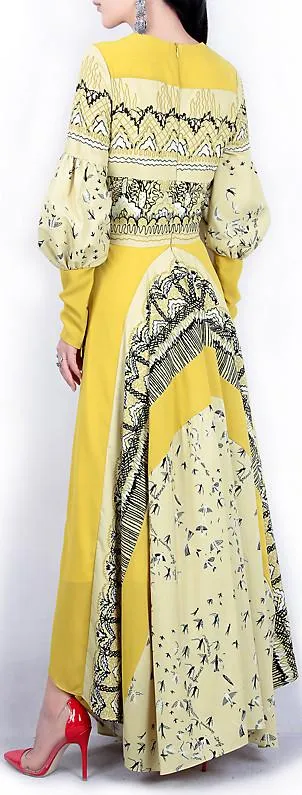 Balloon-Sleeve Printed Gown, Yellow