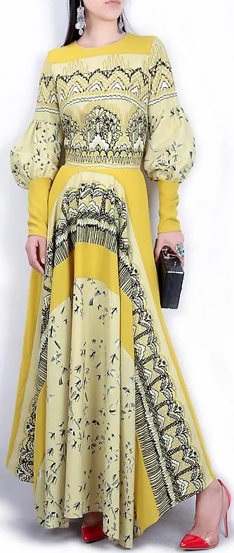 Balloon-Sleeve Printed Gown, Yellow