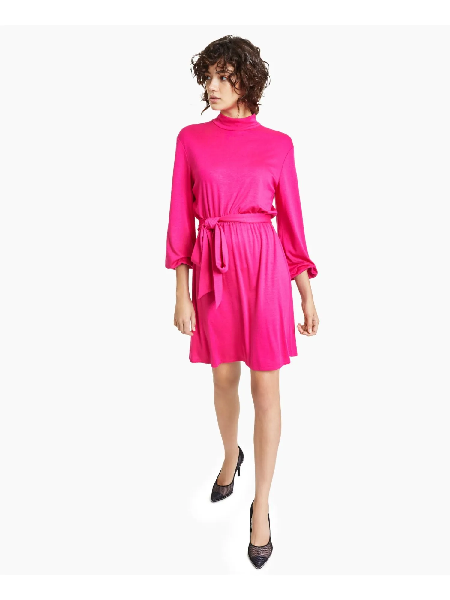 BAR III DRESSES Womens Stretch Tie Balloon Sleeve Mock Neck Above The Knee Party Shift Dress