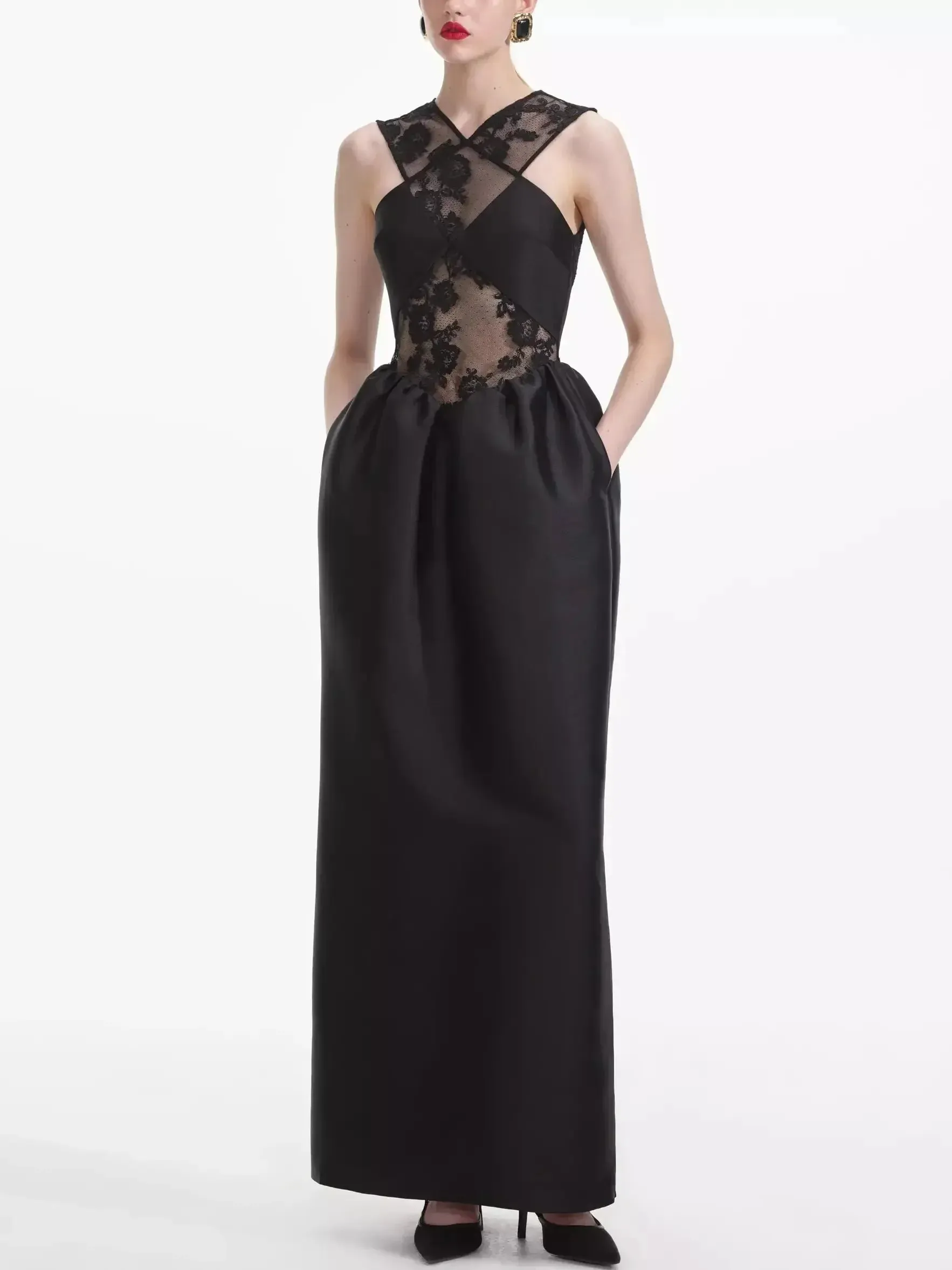 Black Lace Taffeta Cross-Front Maxi Dress