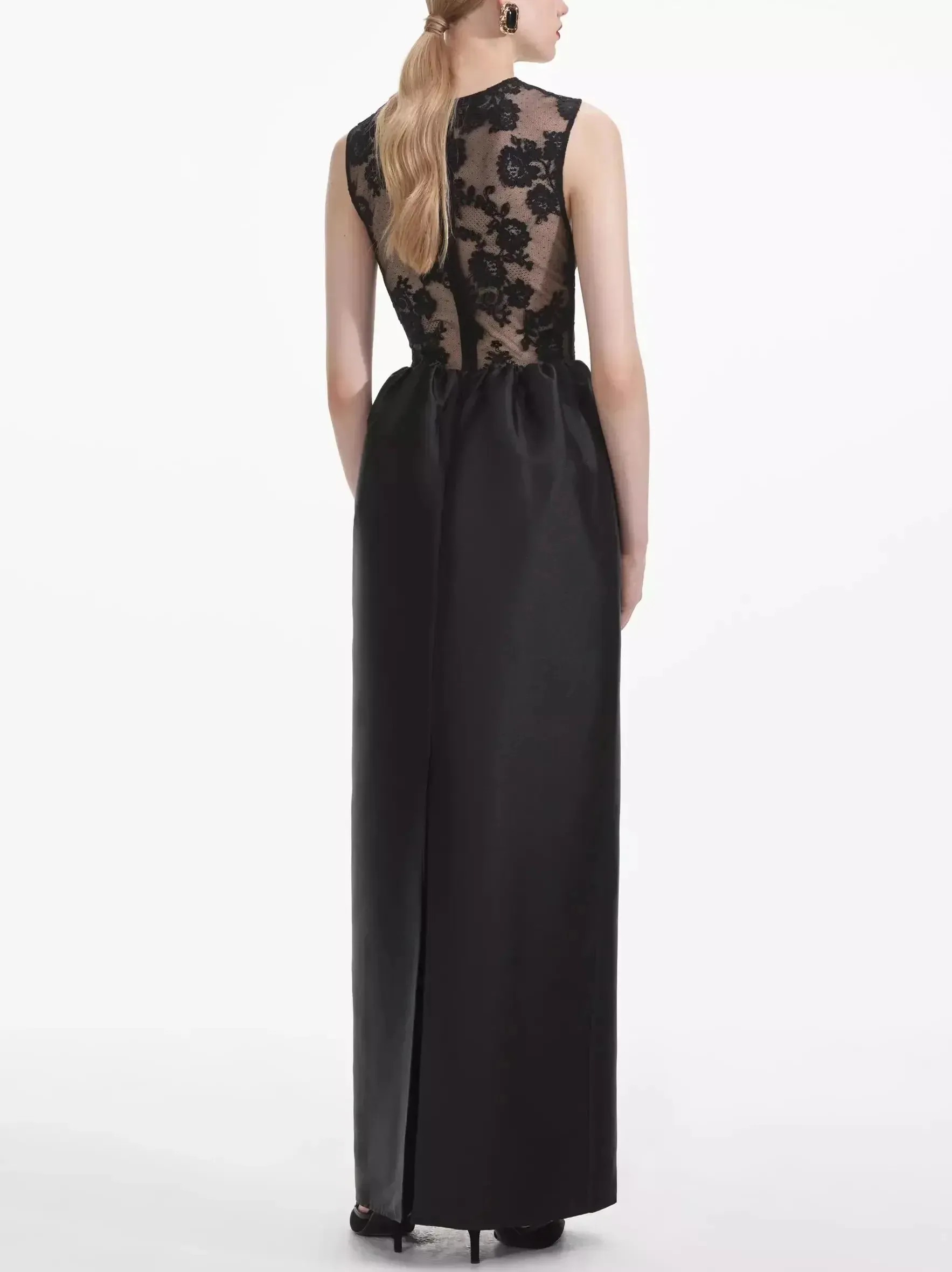 Black Lace Taffeta Cross-Front Maxi Dress