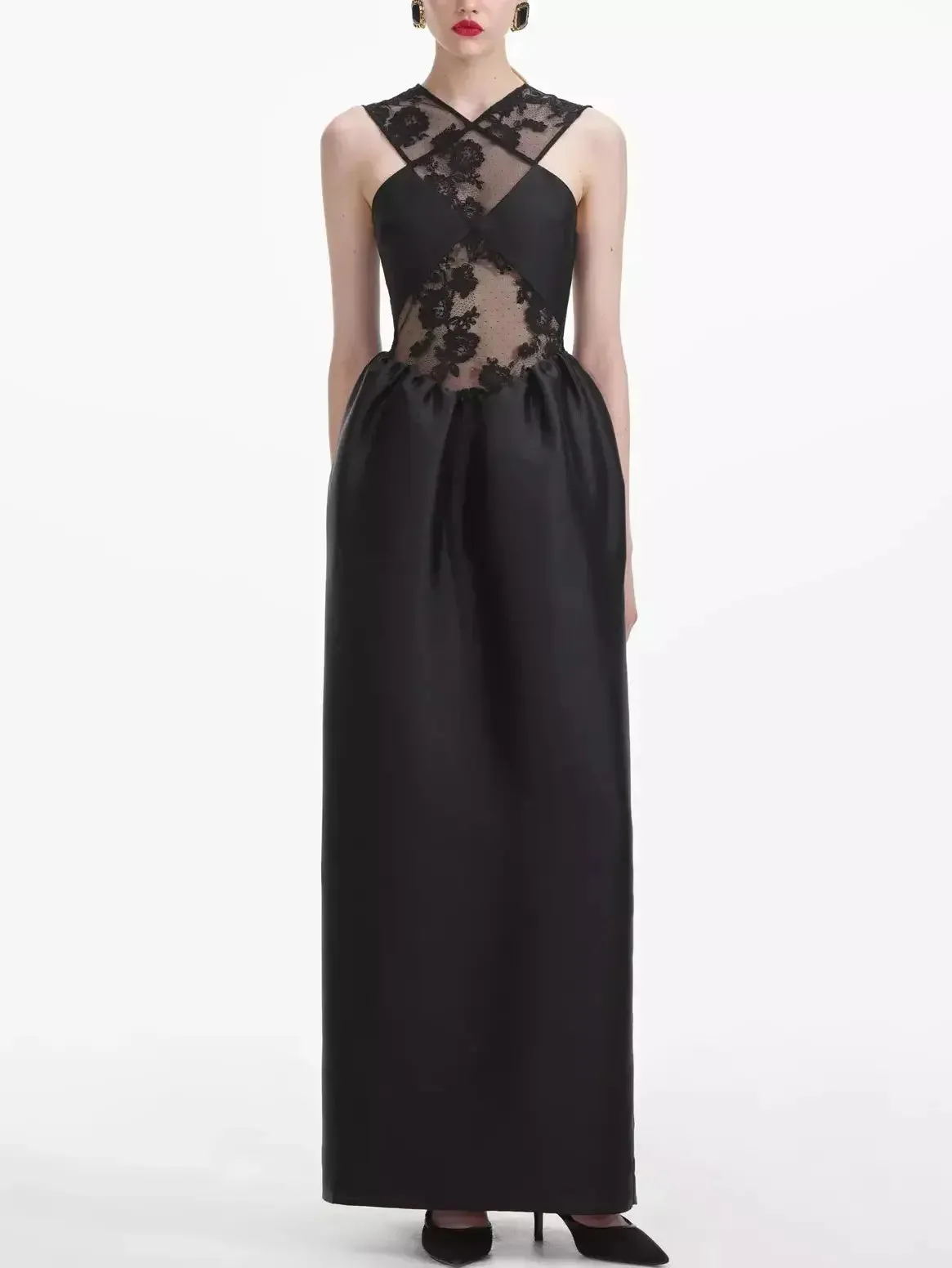 Black Lace Taffeta Cross-Front Maxi Dress