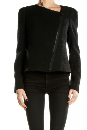 Black Textured Asymmetrical Zip Jacket