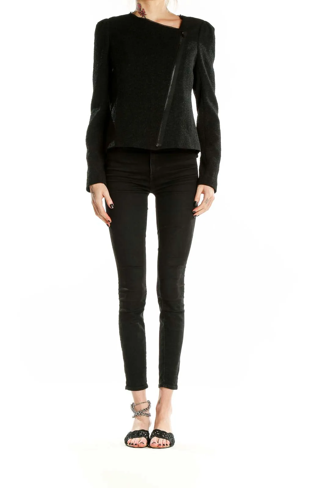 Black Textured Asymmetrical Zip Jacket