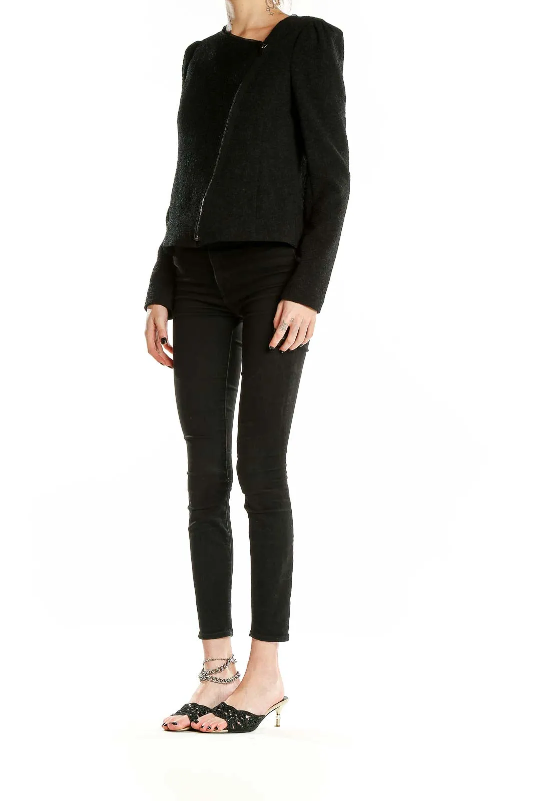 Black Textured Asymmetrical Zip Jacket