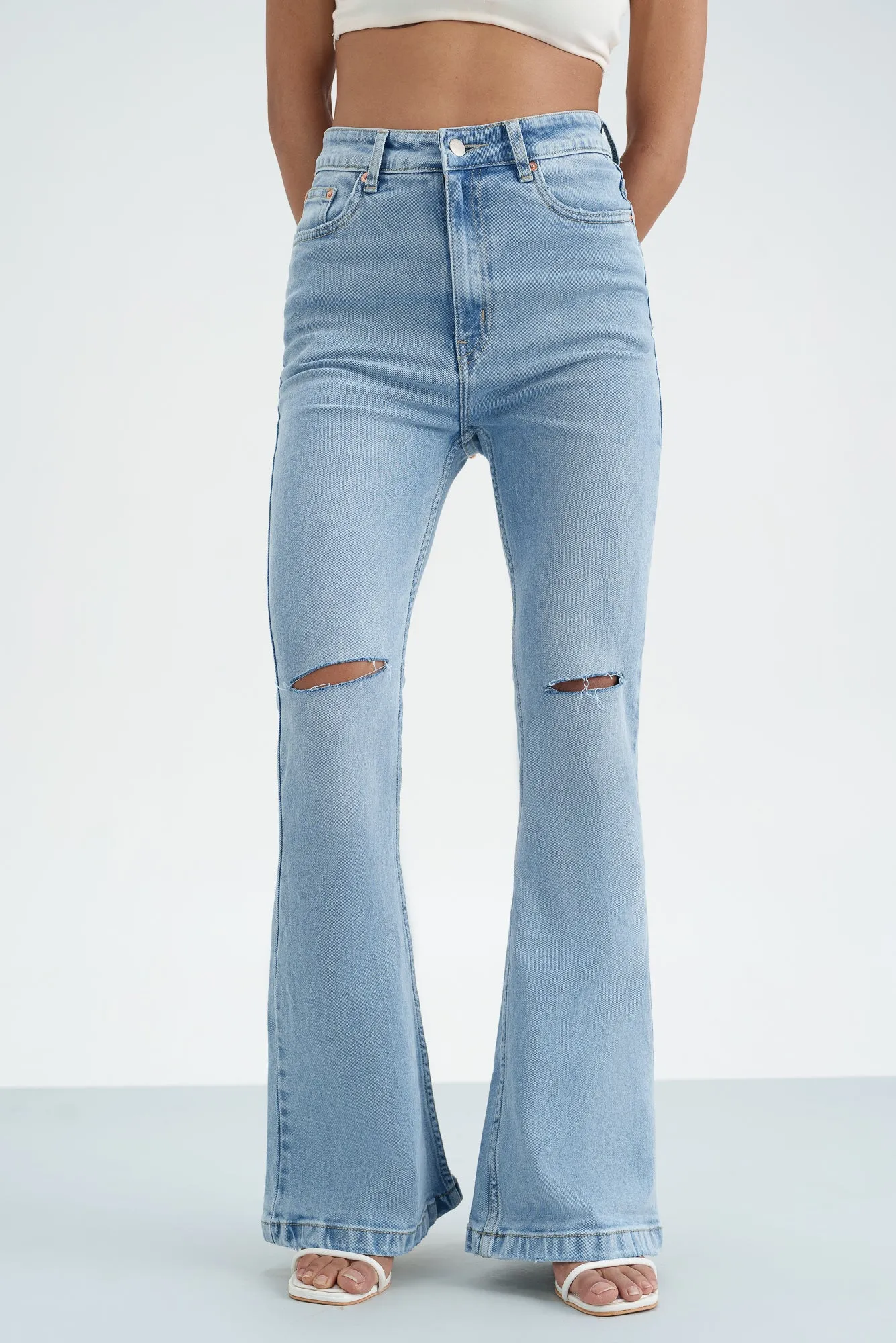 Blue Cascade Distressed Bootcut Jeans