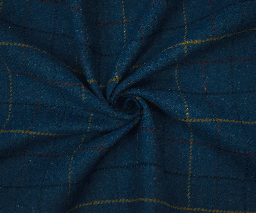 Blue-Red-Multi Melton Poly-Wool Single Brushed Check Woven Jacketing Fabric