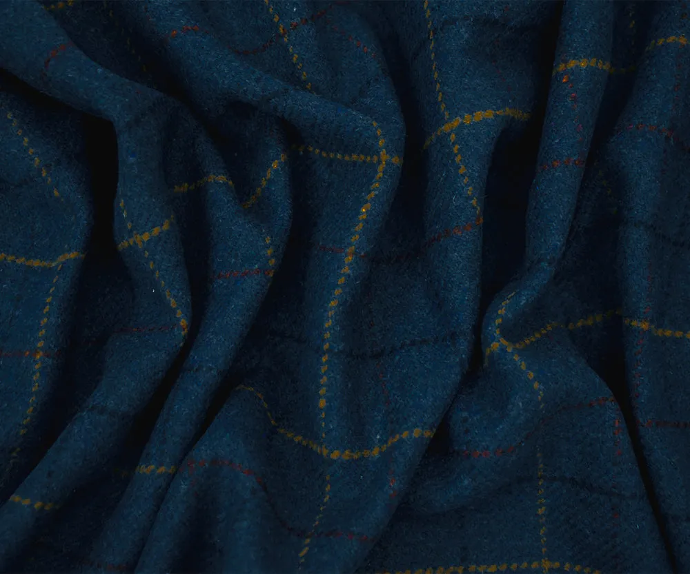 Blue-Red-Multi Melton Poly-Wool Single Brushed Check Woven Jacketing Fabric