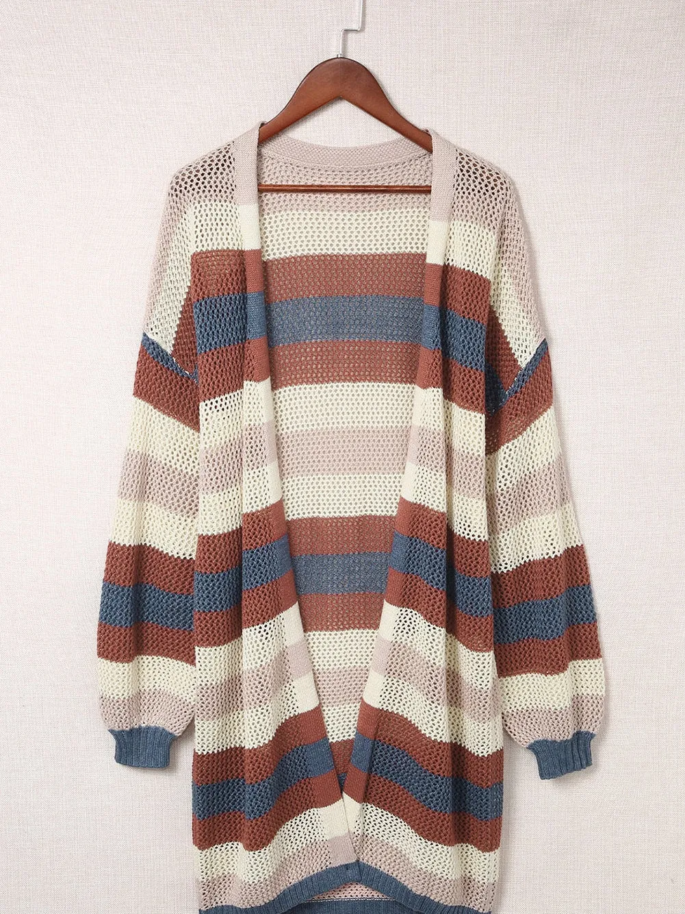 Blue Striped Hollow Knit Cardigan with Color Block Detail