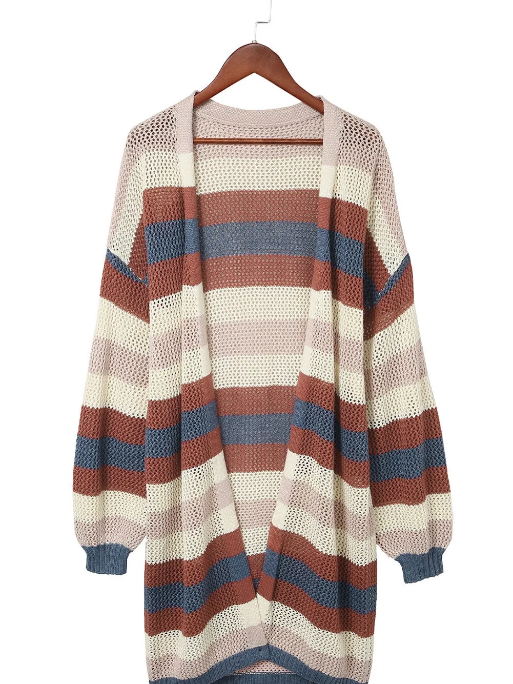 Blue Striped Hollow Knit Cardigan with Color Block Detail