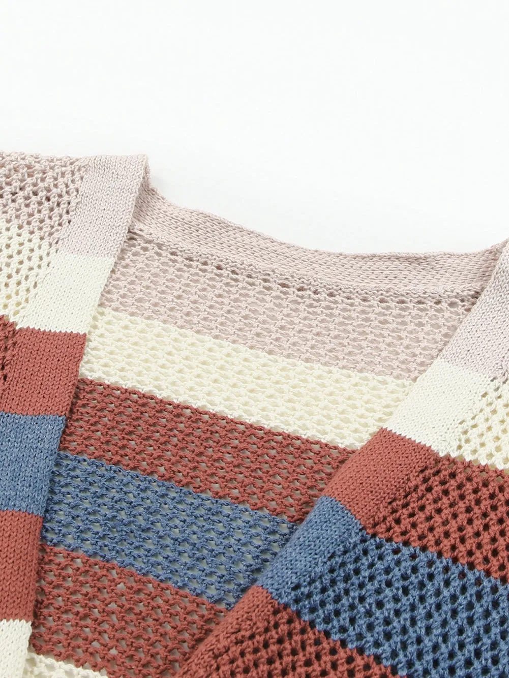 Blue Striped Hollow Knit Cardigan with Color Block Detail