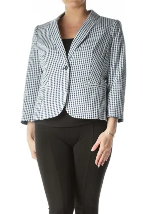 Blue White Deep V-Neck Checkered Blazer