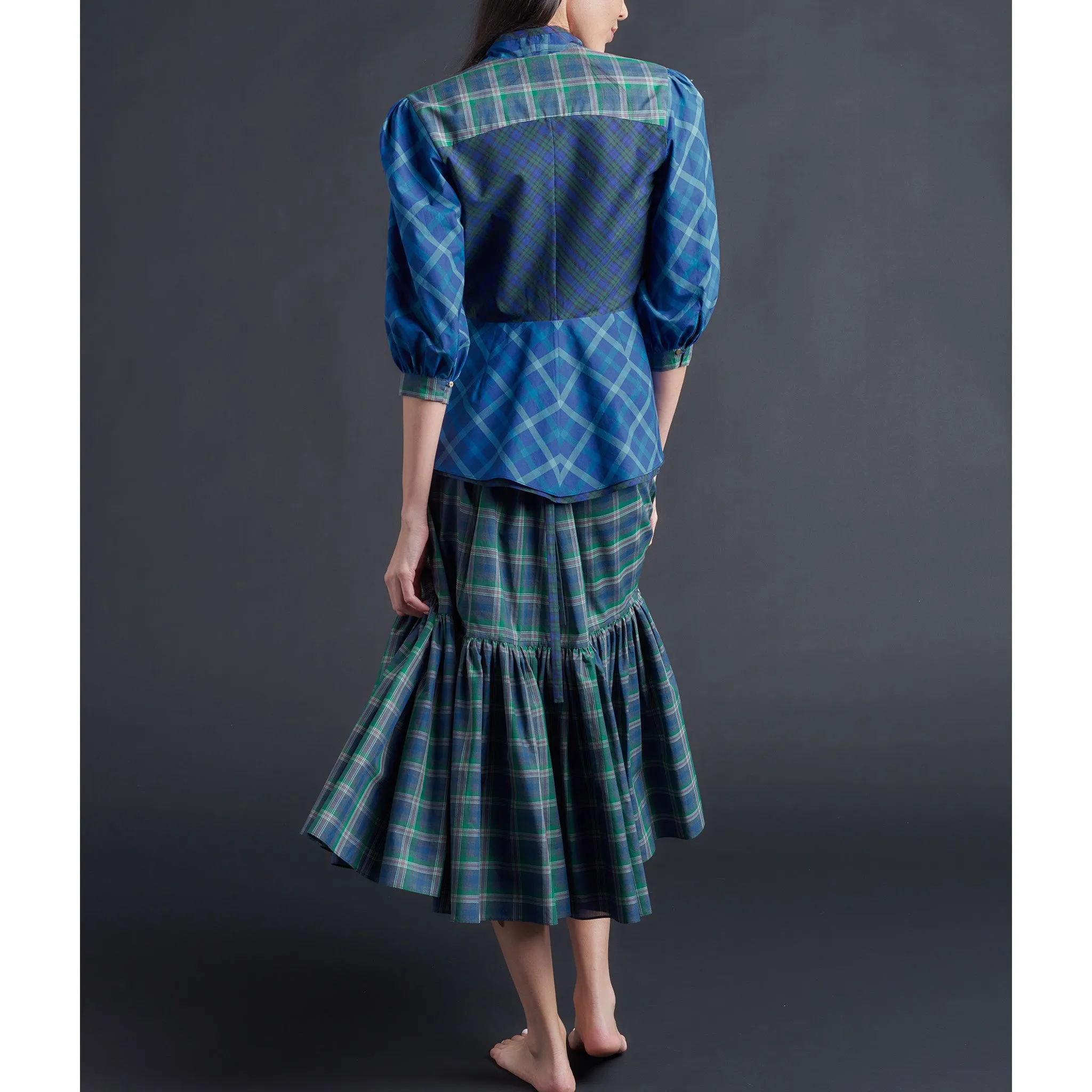 Brigitte Ruffle Skirt in Italian Cotton Blue Green Plaid