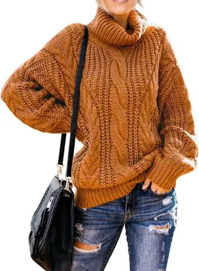 Brown Women's Turtleneck Balloon Long Sleeve Casual Loose Chunky Cable Knit Pullover Sweater Outerwear - FARYSAYS