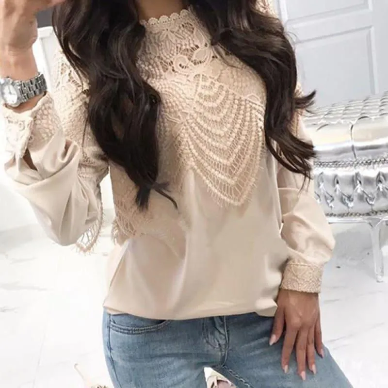 Chiffon Casual Lace  Hollow Long Sleeve Tops