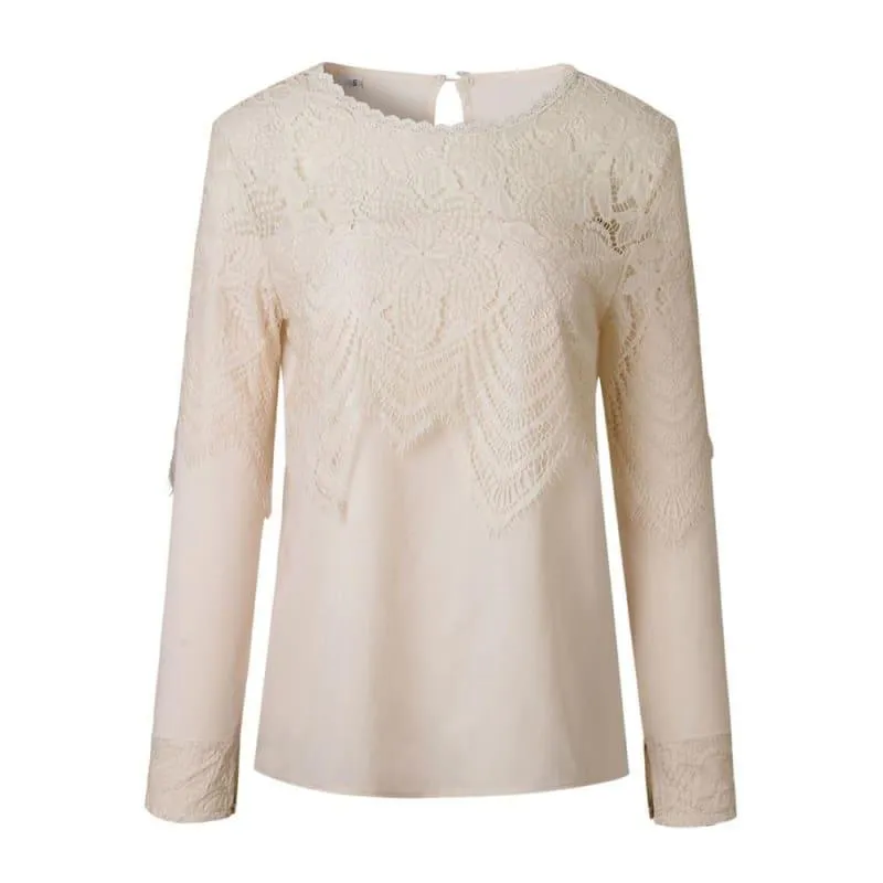 Chiffon Casual Lace  Hollow Long Sleeve Tops