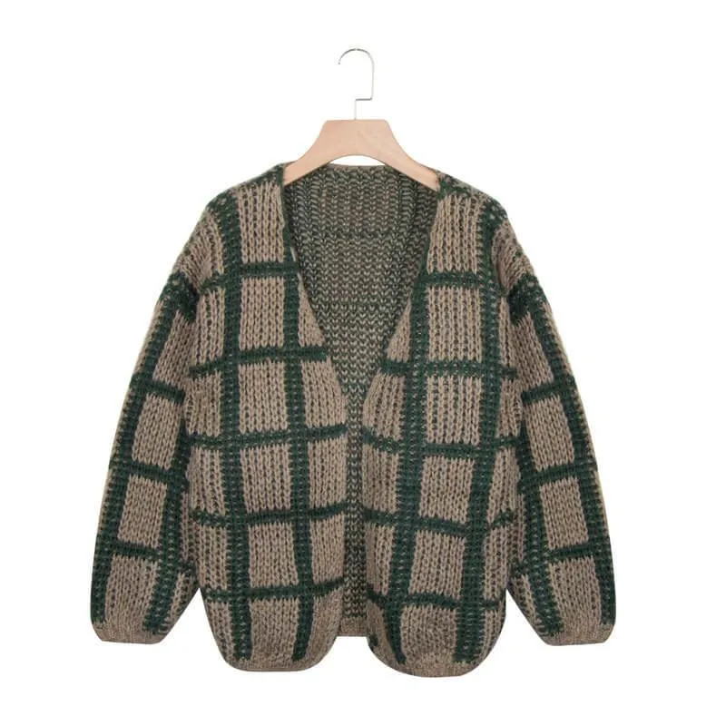 Colorblock Plaid Knit Open Front Cardigan