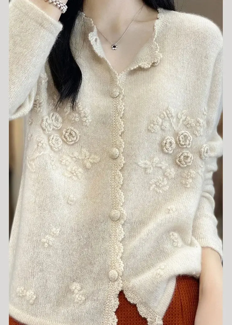 Cute Apricot Rose Floral Button Cashmere Knit Cardigans Long Sleeve ML1194