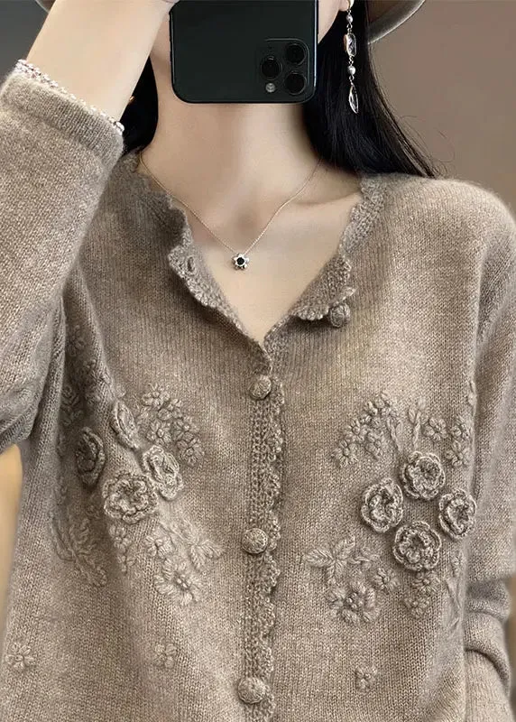 Cute Apricot Rose Floral Button Cashmere Knit Cardigans Long Sleeve ML1194