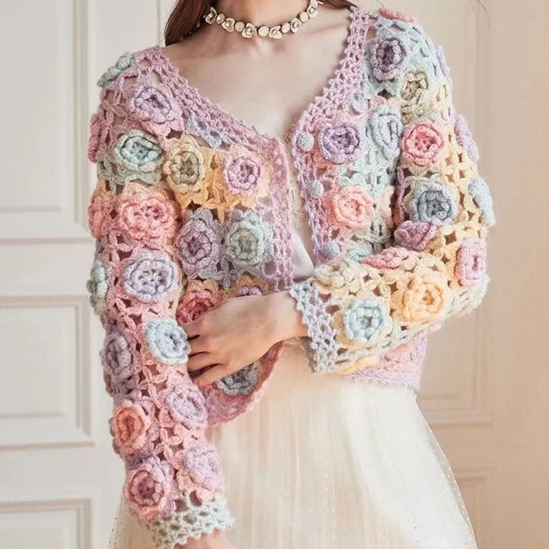 Cute Colorful Rosette Crochet Hand Knit Button Up Wool Blend Crop Cardigan