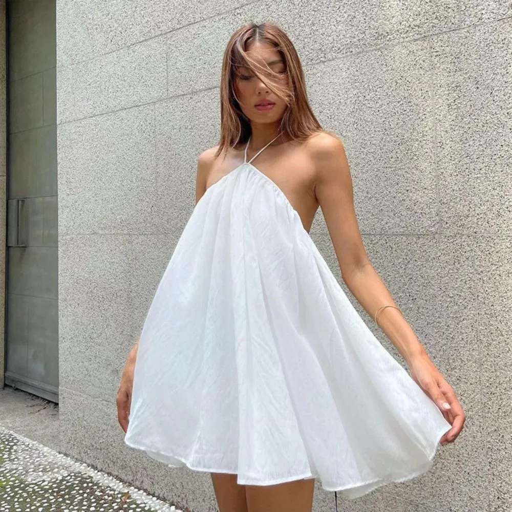 Cute Summer Sexy Loose Backless Dress Ladies Casual White Mini