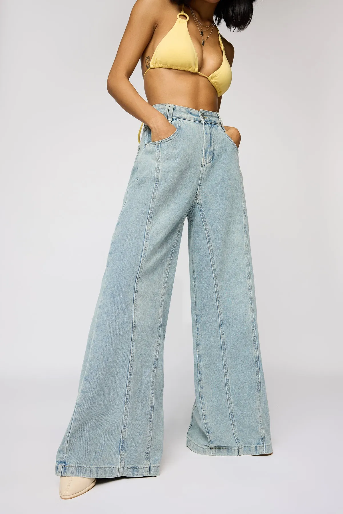 Dew Blue Denim Flared Korean Pants