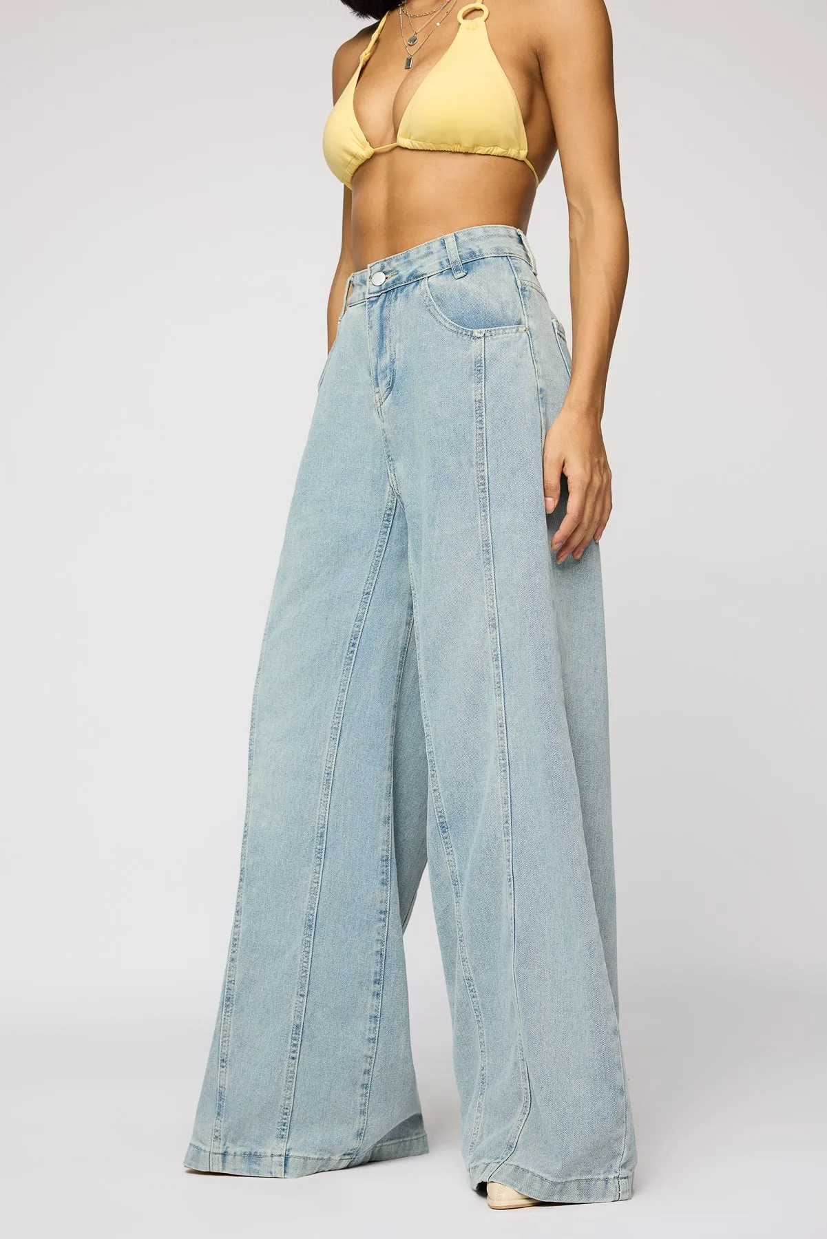 Dew Blue Denim Flared Korean Pants