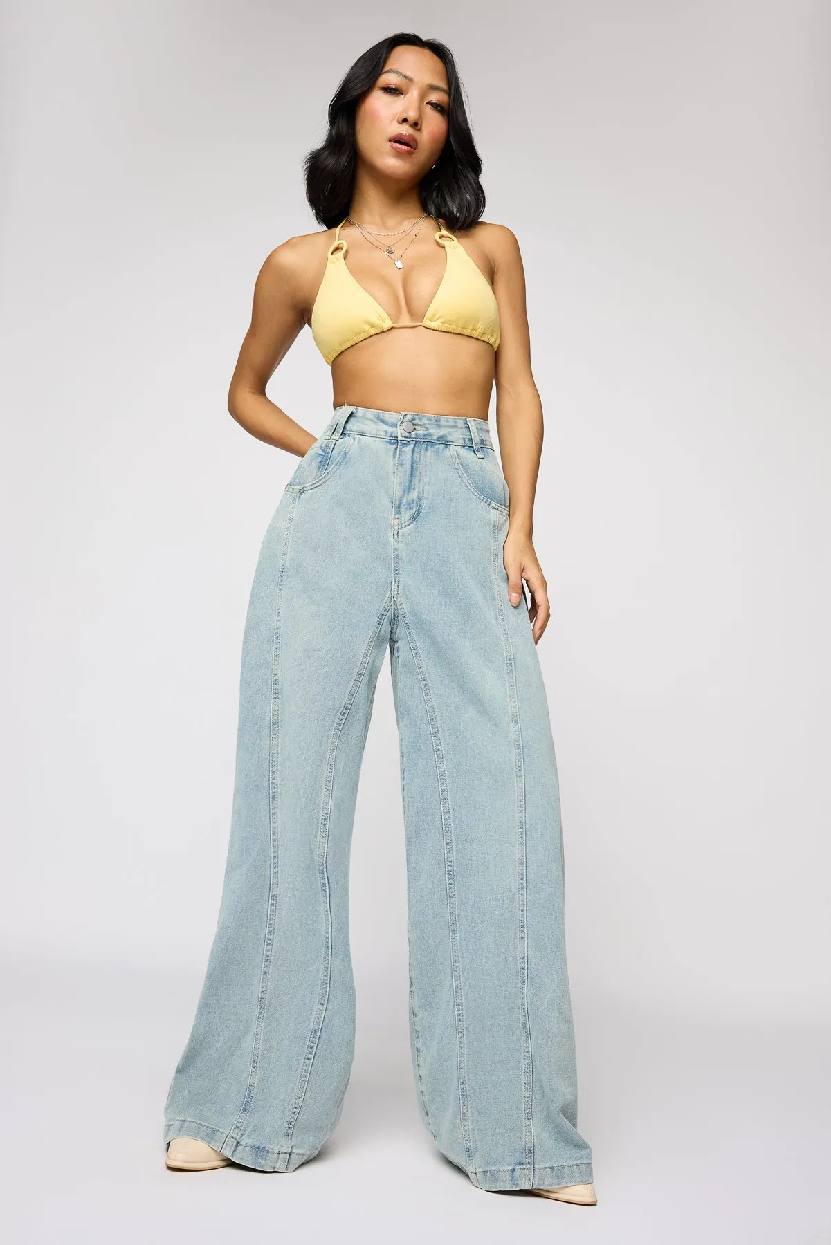 Dew Blue Denim Flared Korean Pants