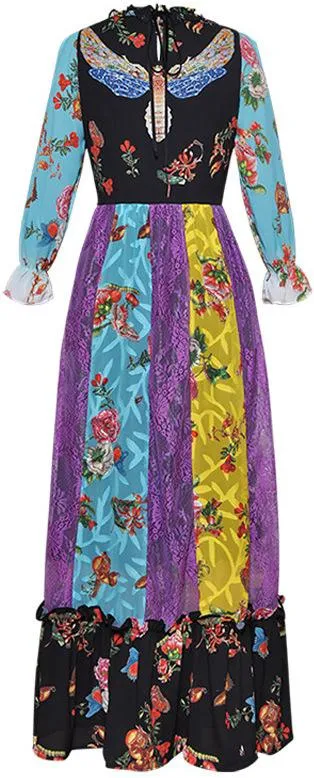 Embellished Printed Lace-Paneled Maxi Dress