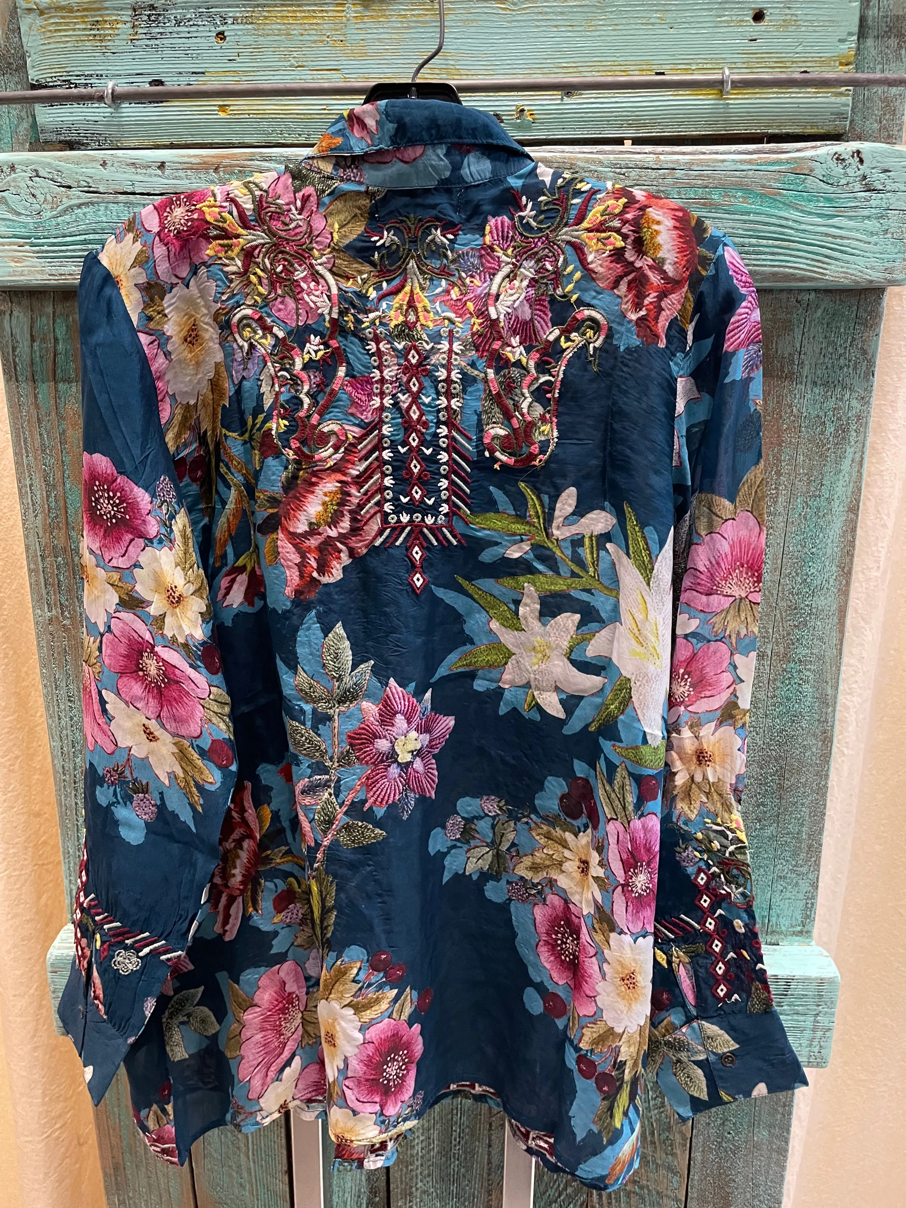 Embroidered Button Blouse in Teal by All About Her