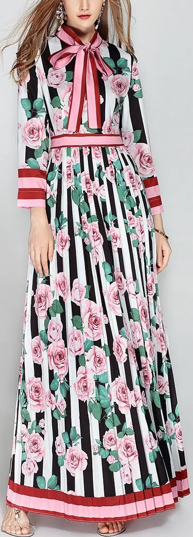 Floral & Stripe Print Pleated Maxi Dress