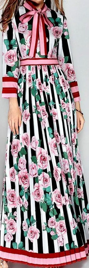 Floral & Stripe Print Pleated Maxi Dress