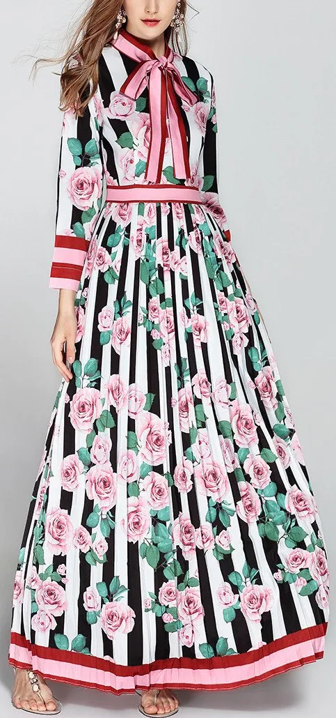 Floral & Stripe Print Pleated Maxi Dress