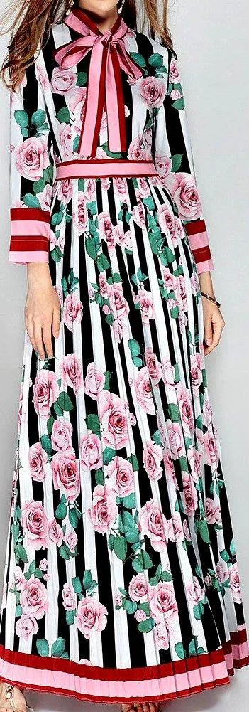 Floral & Stripe Print Pleated Maxi Dress