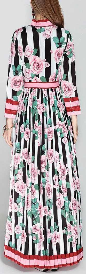 Floral & Stripe Print Pleated Maxi Dress