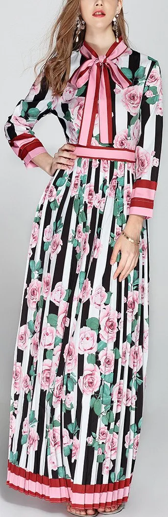 Floral & Stripe Print Pleated Maxi Dress