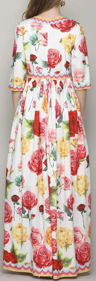 Floral Rose Print Maxi Dress, White or Black