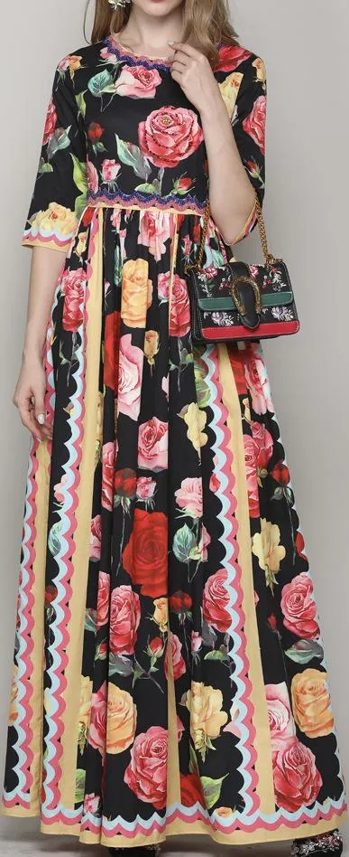 Floral Rose Print Maxi Dress, White or Black