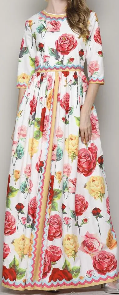 Floral Rose Print Maxi Dress, White or Black