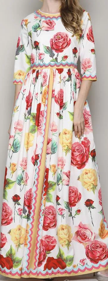 Floral Rose Print Maxi Dress, White or Black