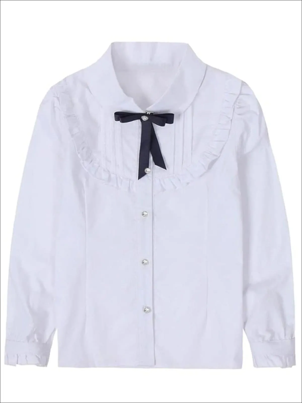 Girls Preppy Ruffle Trim Bow Collar Long Sleeve Blouse