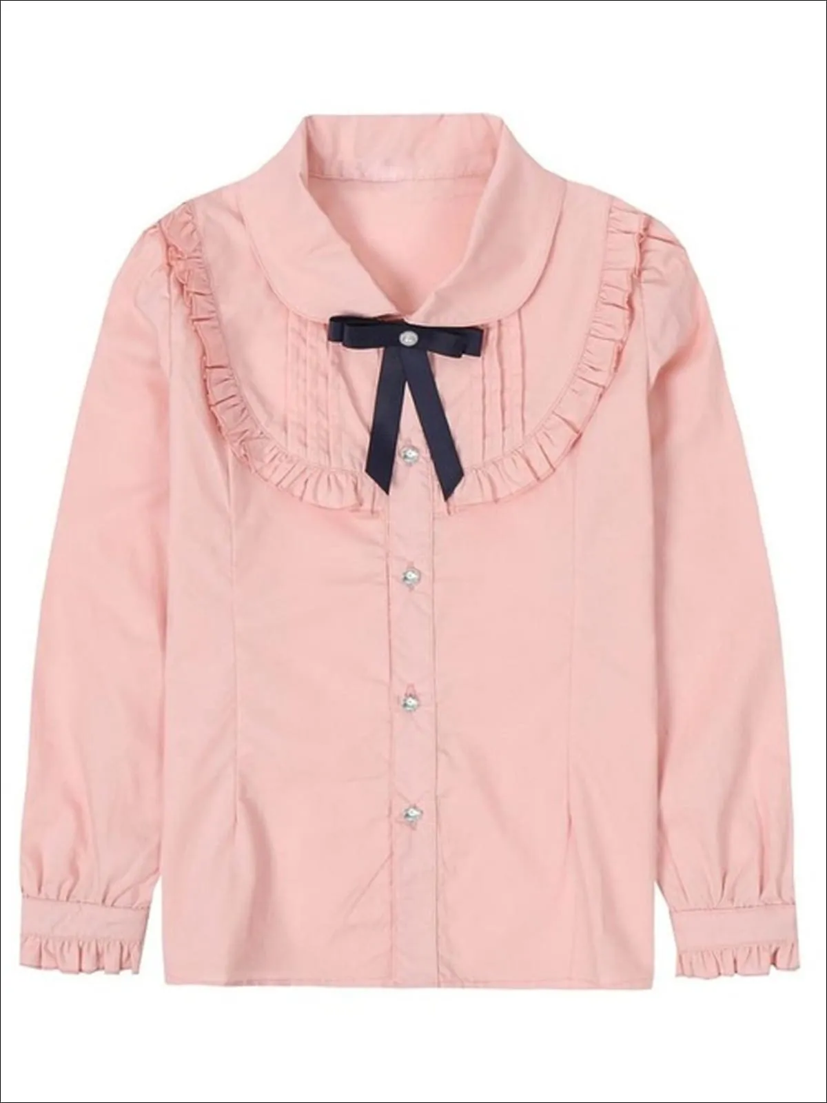 Girls Preppy Ruffle Trim Bow Collar Long Sleeve Blouse