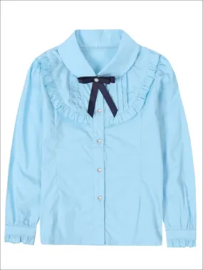 Girls Preppy Ruffle Trim Bow Collar Long Sleeve Blouse